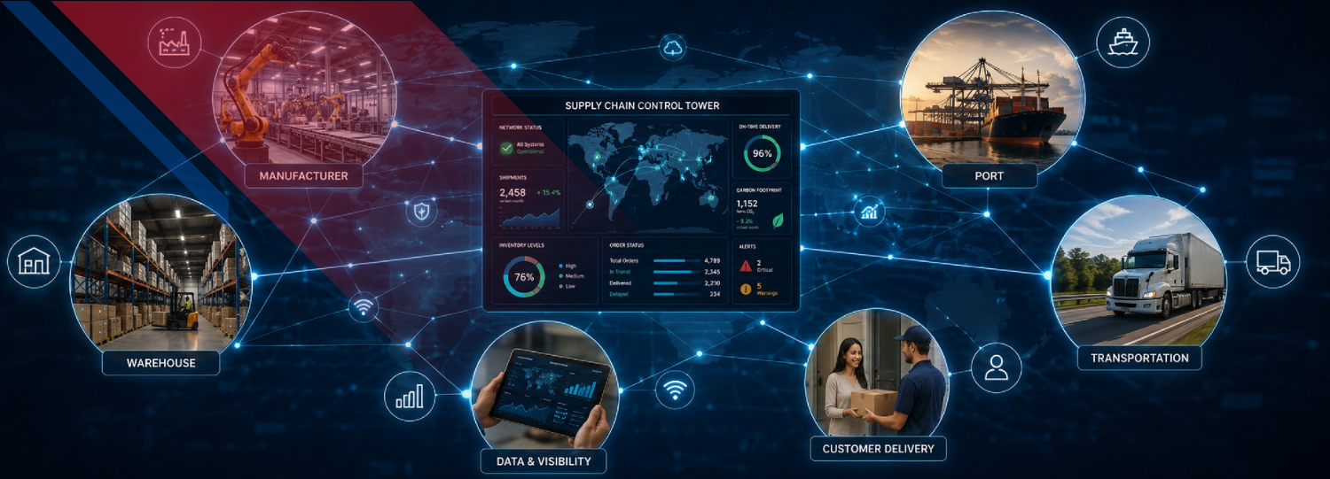 Interconnected supply chain network showing operations, logistics, data visibility, and customer delivery.