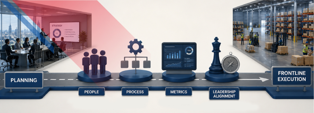 Business strategy roadmap showing the transition from planning to execution through people, processes, and performance measures.