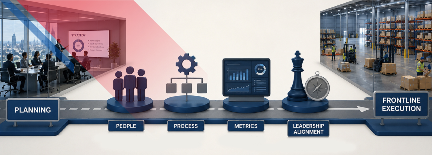 Business strategy roadmap showing the transition from planning to execution through people, processes, and performance measures.